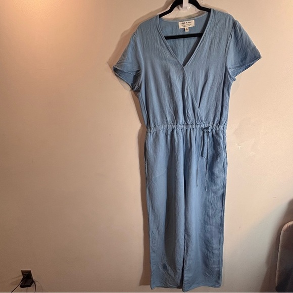 CLOTH & STONE Sz L wide Leg V-Nexk Blue Jumpsuit 80% Linen Anthropologie - Picture 2 of 11